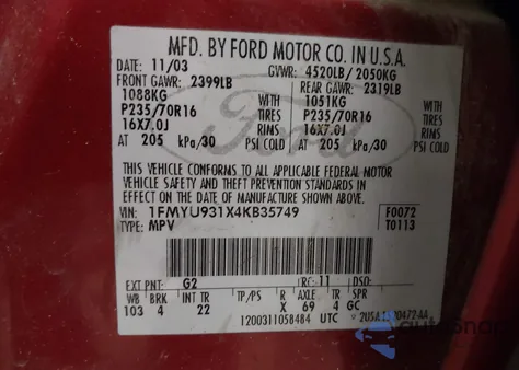 2004 Ford Escape Xlt from USA, damaged, VIN 1FMYU931X4KB35749